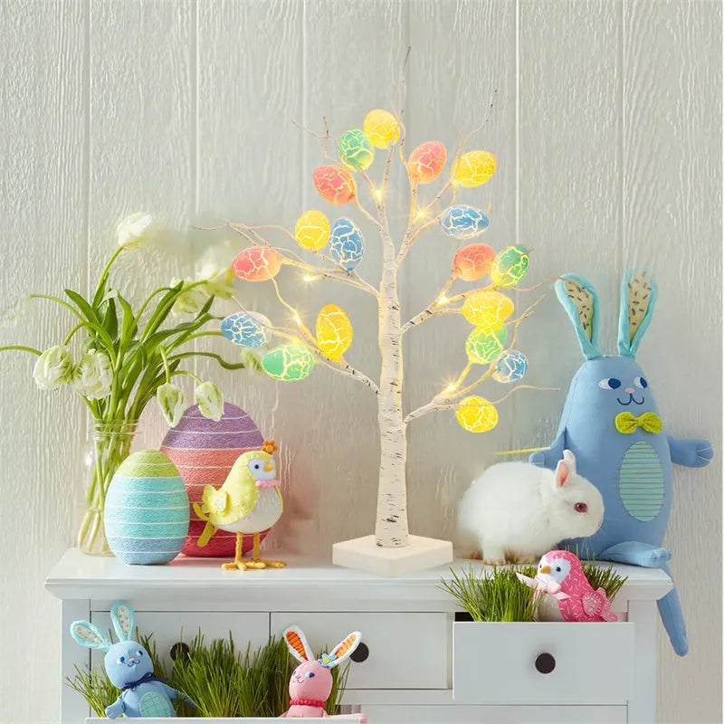 60cm birch-style Easter tree with warm white LED lights and cracked egg ornaments on a tabletop