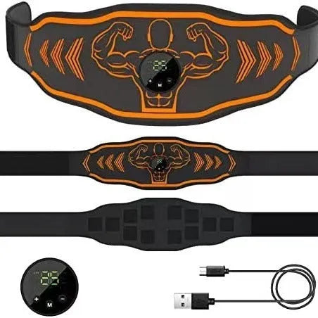 EMS massage belt with rechargeable control unit and arm stimulation stickers in blue or orange
