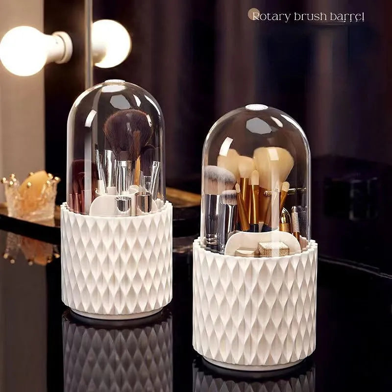 White acrylic makeup brush holder with transparent dust cover and rotating base