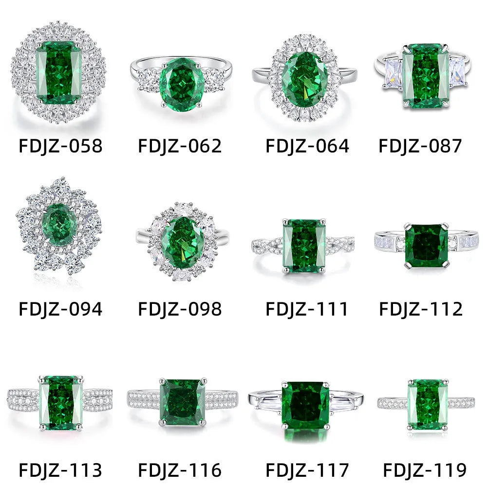 Women's geometric S925 sterling silver ring with elliptical emerald centre stone and diamond accents