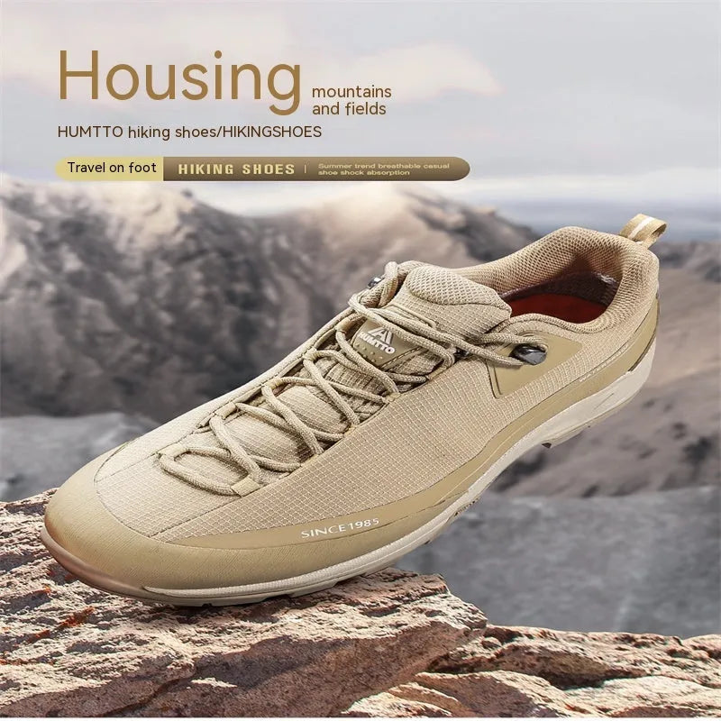 Men's low-top mountain climbing shoes with leather mesh upper and non-slip rubber outsole