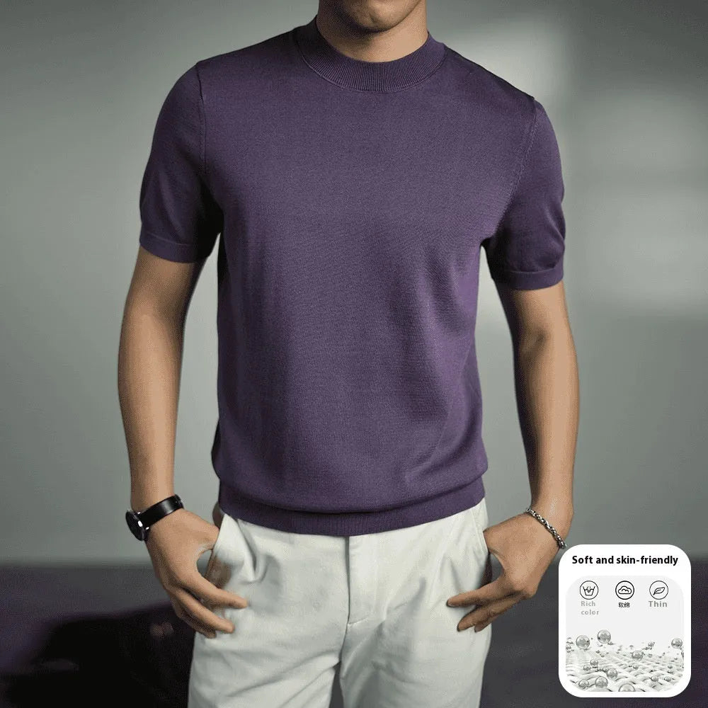 Men's knitted T-shirt in chemical fibre blend fabric with round neck and short sleeves in business gentleman style