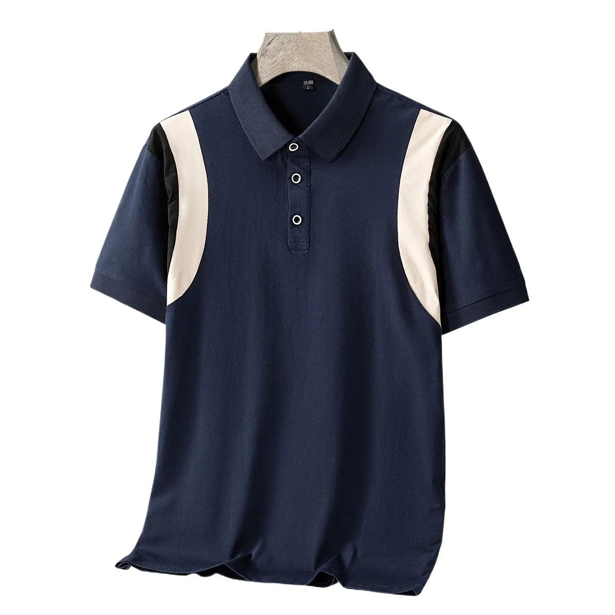 Man wearing a thin striped cotton t-shirt with a business lapel collar and short sleeves.