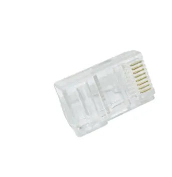 White RJ45 network modular plug with gold-plated three-fork contacts for Ethernet cable termination