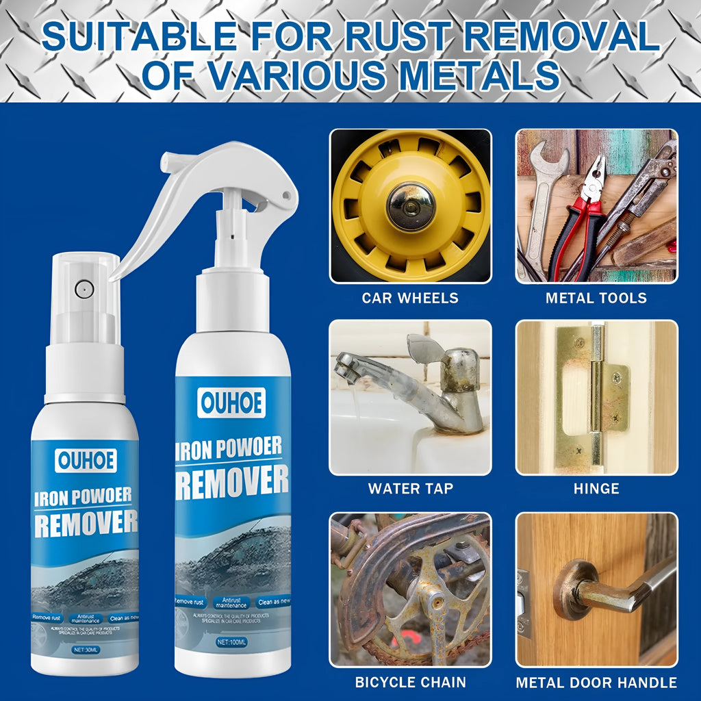 100ml and 30ml car iron powder remover spray bottles with blue square sponge and towel on a car panel.