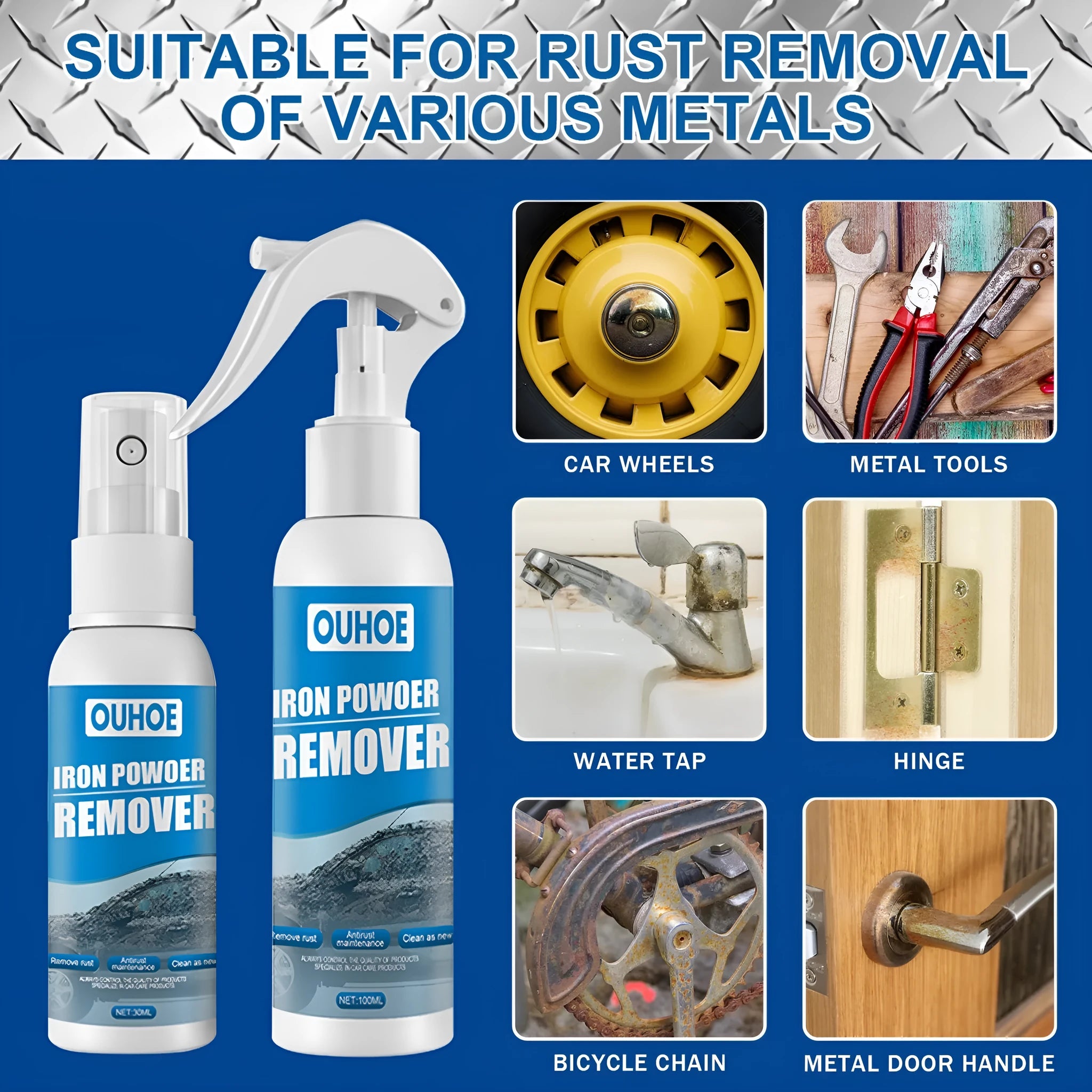 100ml and 30ml car iron powder remover spray bottles with blue square sponge and towel on a car panel.