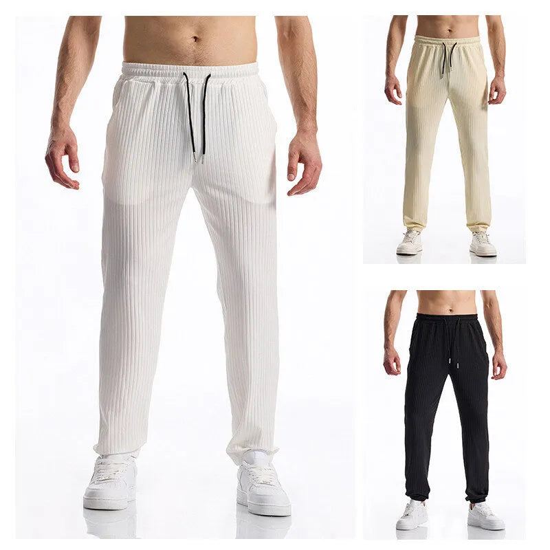 Silky rib fabric casual baggy straight trousers in black, white, and khaki with drawstring mid-waist
