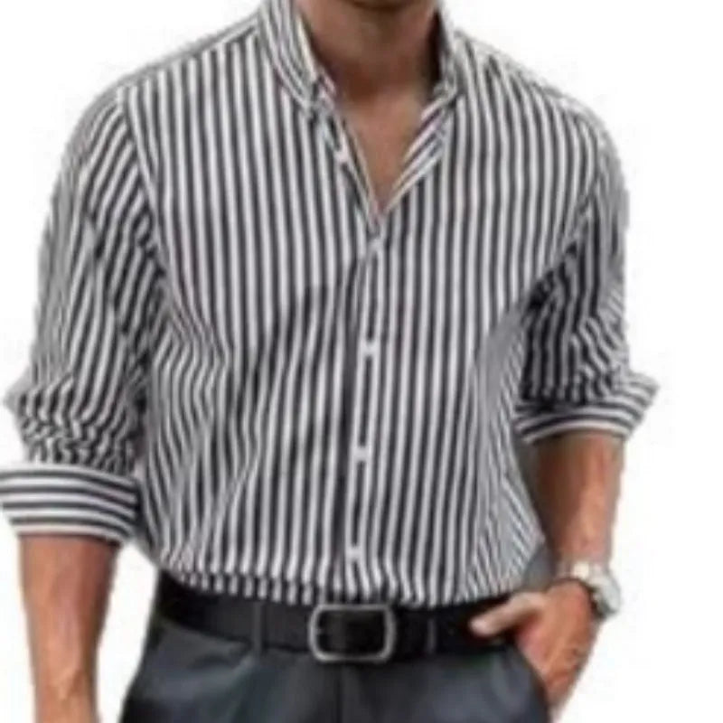 Men's striped loose-fit cardigan style long sleeve casual shirt in Khaki polyester fibre