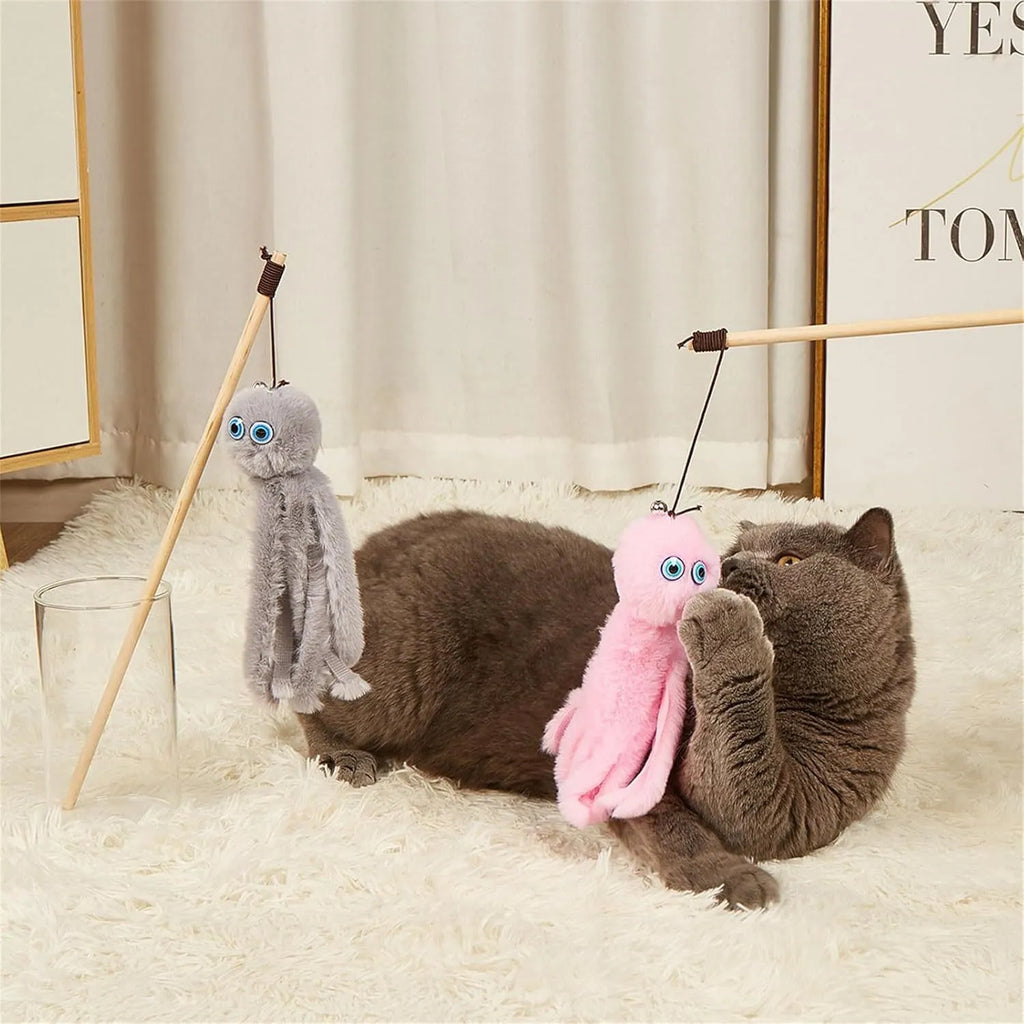 Furry octopus cat toy on long stick in bright colours for indoor kittens