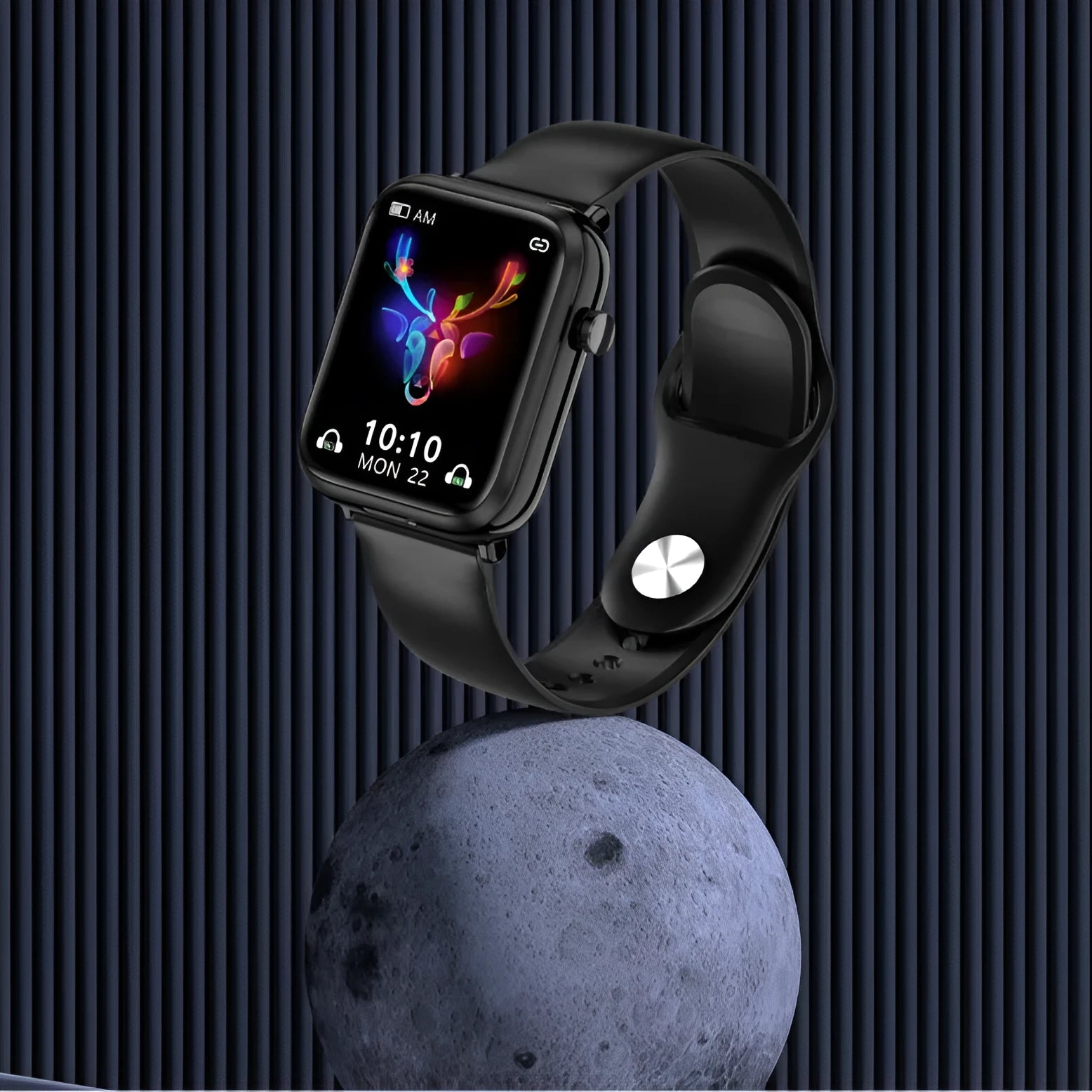 Black zinc alloy smartwatch with 1.69-inch touchscreen next to its magnetic charging case for TWS earbuds.