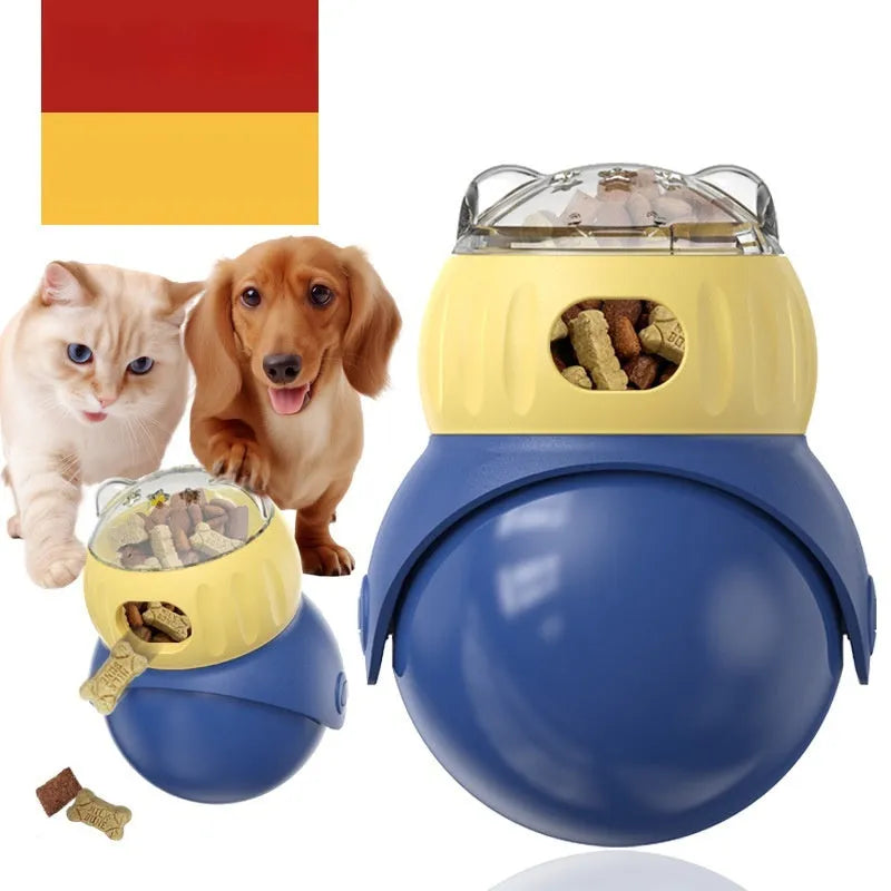 Owl-shaped plastic cat feeder toy in morandi yellow and blue colours for interactive food dispensing