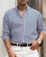 Men's striped loose-fit cardigan style long sleeve casual shirt in Khaki polyester fibre