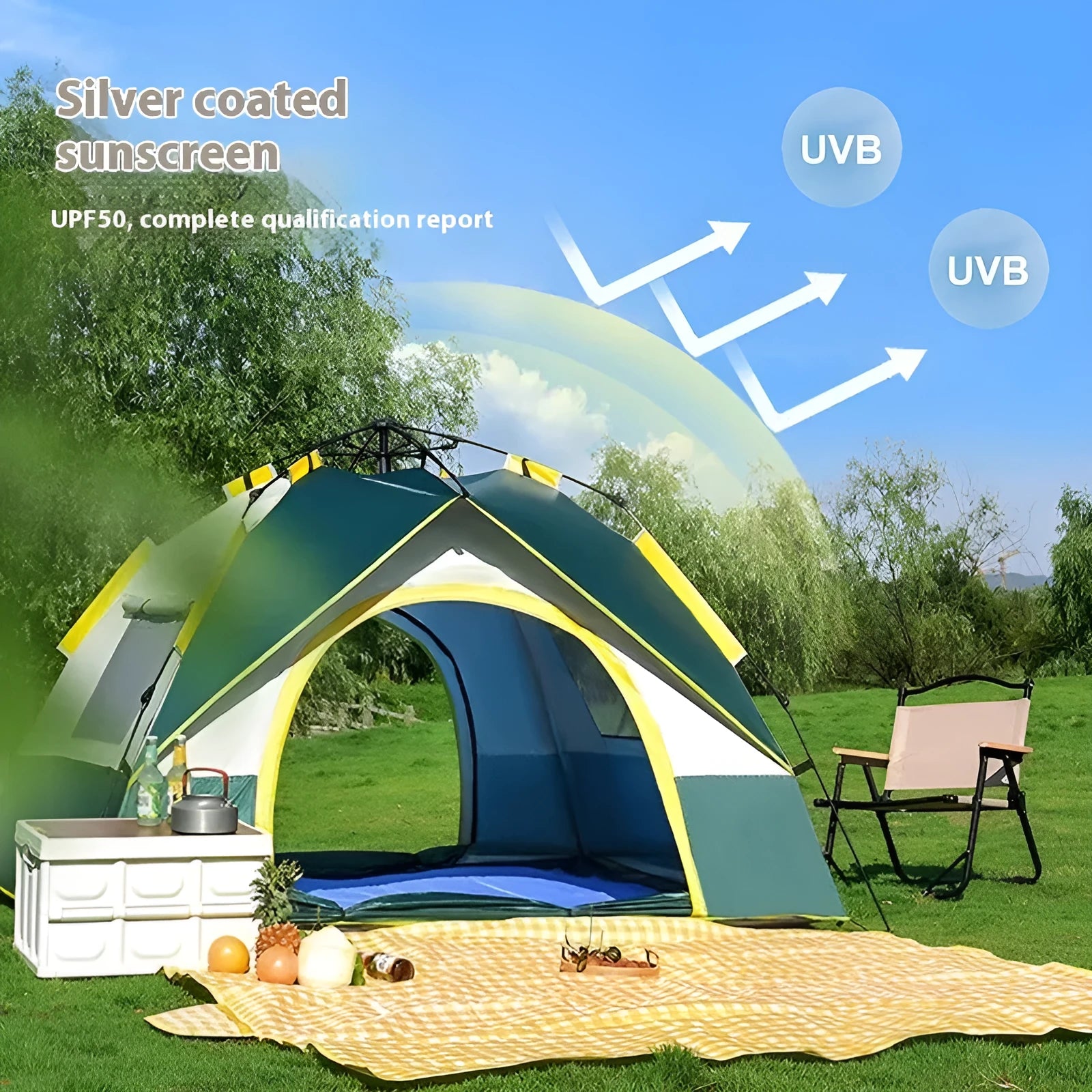 Dark green automatic pop-up camping tent for 3-4 people with silver-coated canopy