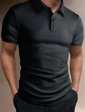 Men's striped polo shirt in khaki, loose fit short sleeve, asymmetric detail, polyester blend