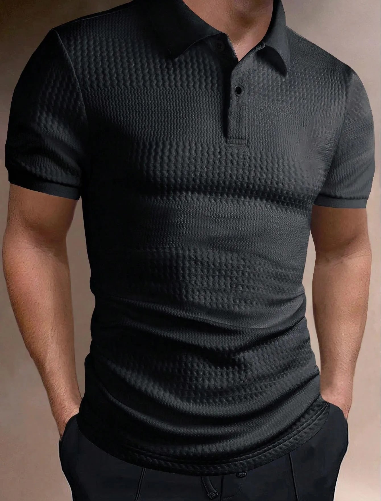 Men's striped polo shirt in khaki, loose fit short sleeve, asymmetric detail, polyester blend