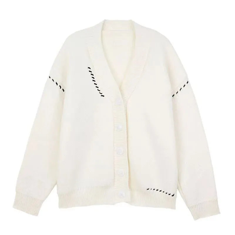 Women's black polyester knitted cardigan top coat with long sleeves and loose fit