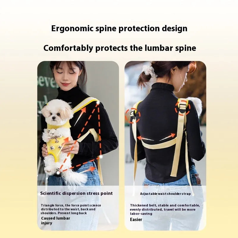 Cartoon Beka yellow bear design soft canvas pet carrier chest bag with ribbon handles.