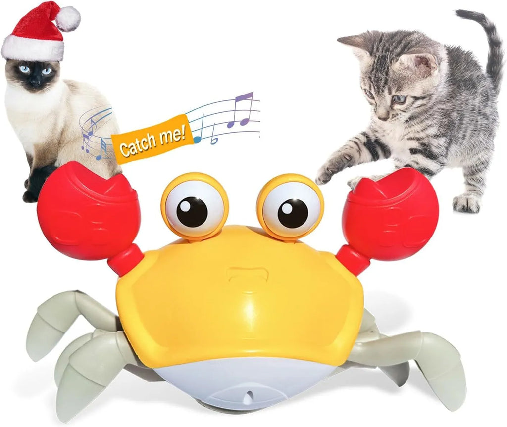 Blue interactive crawling crab dog toy with lights on, moving sideways on a floor.