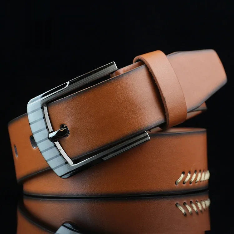 Men's retro pattern belt with alloy pin buckle in black, white, and brown colours