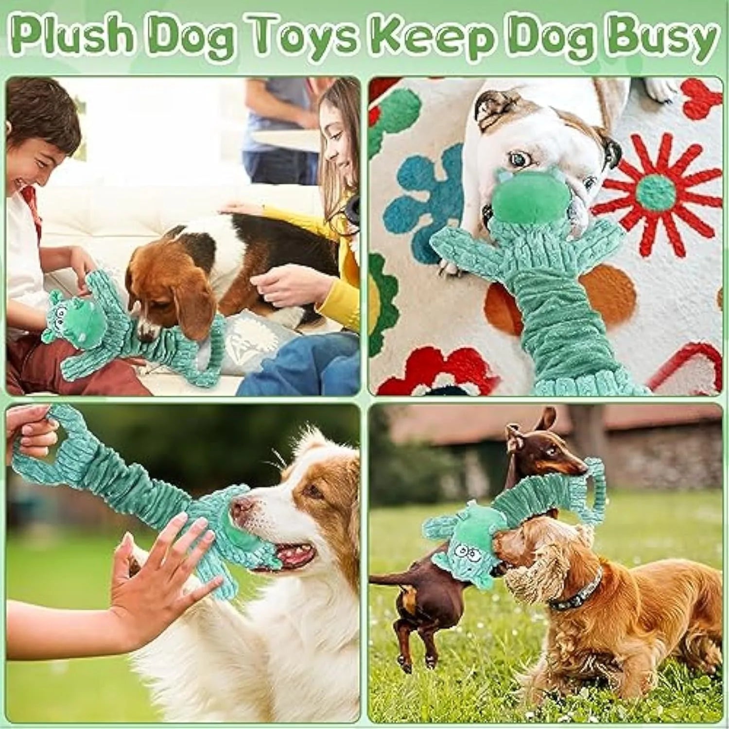 Large plush dog toy in Hippo or Monkey design with a handle for tug-of-war.