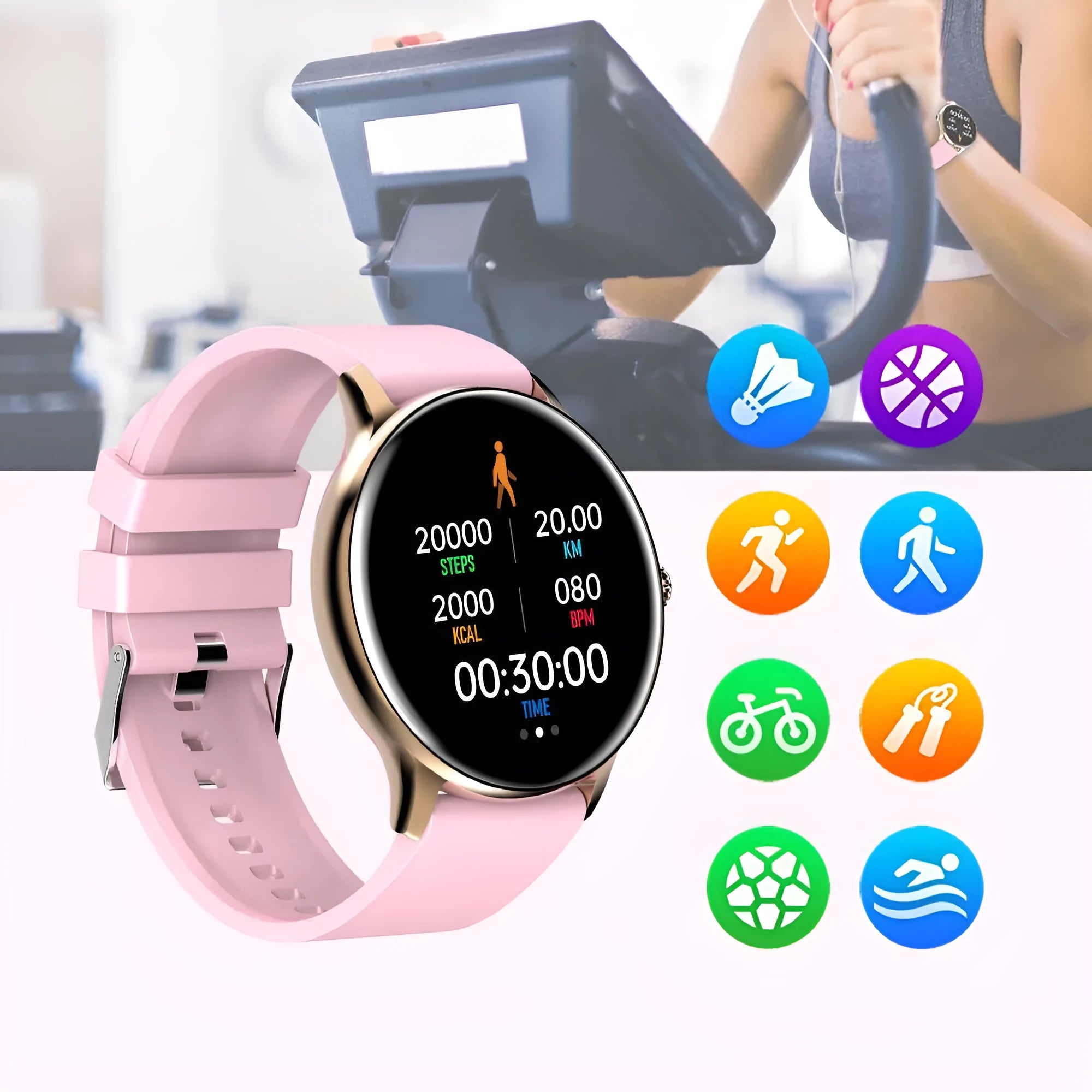 Smart sports watch with blood pressure monitoring on silicone wristband showing 1.28-inch display