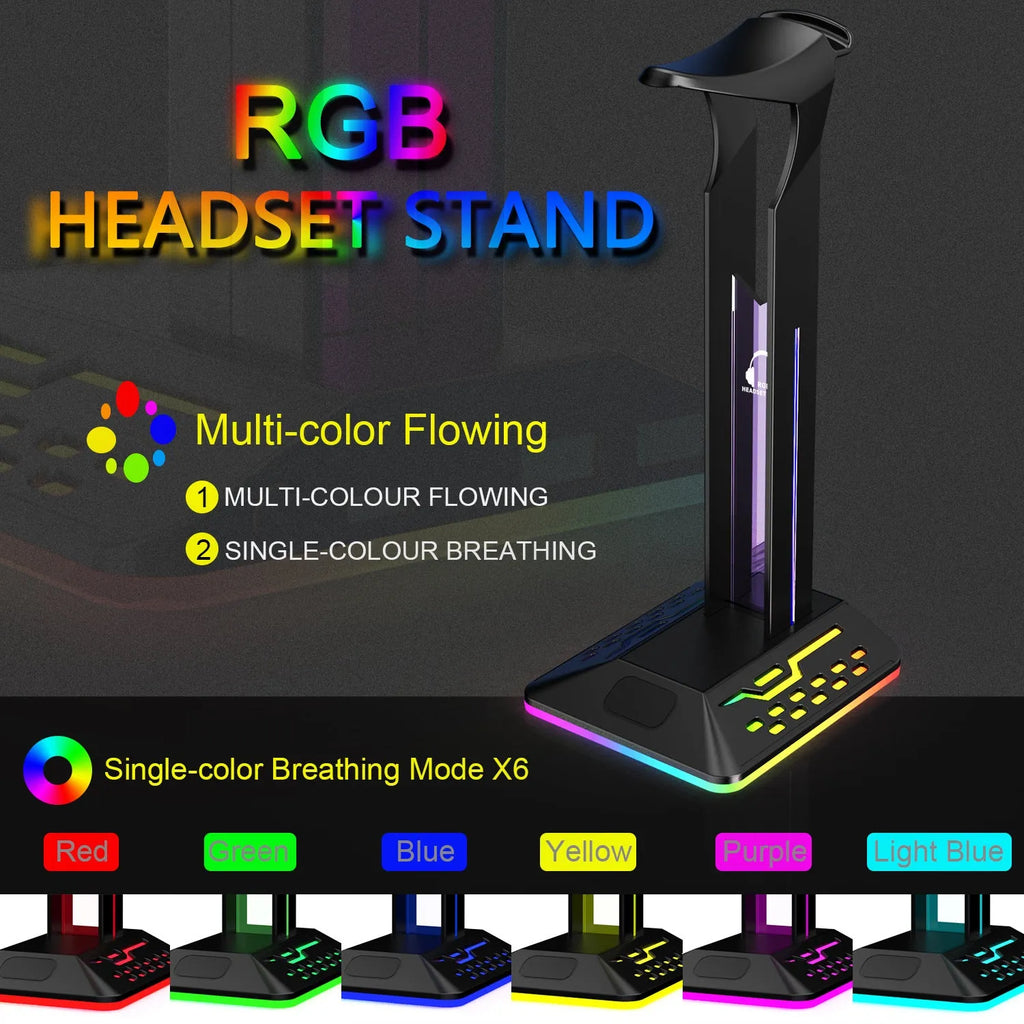 RGB colour changing headset display bracket with dual USB ports holding gaming headphones