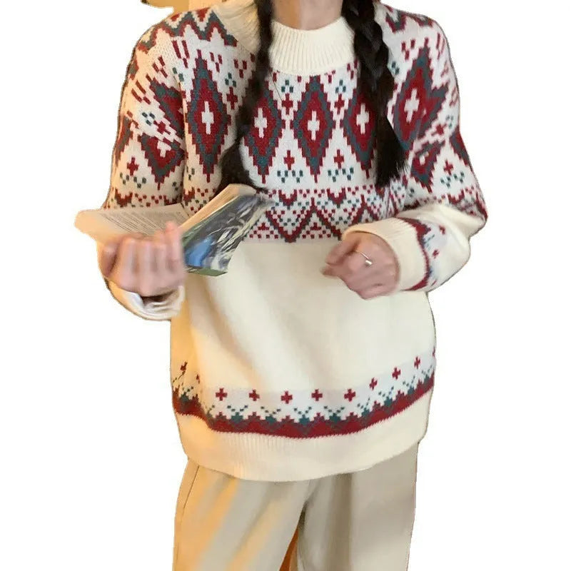 Loose striped pullover knitted top in red or white polyester fabric