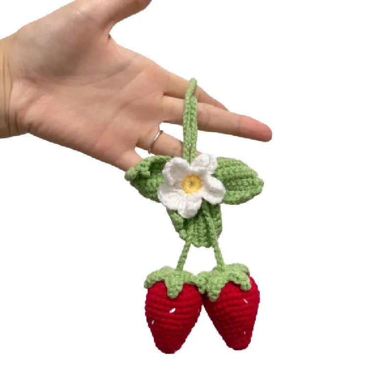 Handmade strawberry-shaped car pendant knitted from cotton and hemp fibres
