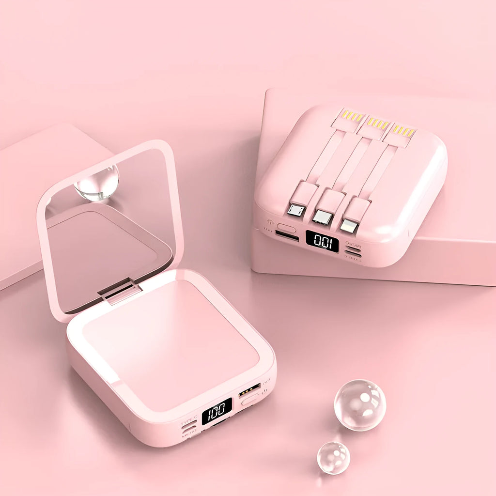 Beauty mirror power bank with cable in cherry blossom pink, compact size 84x78x33mm