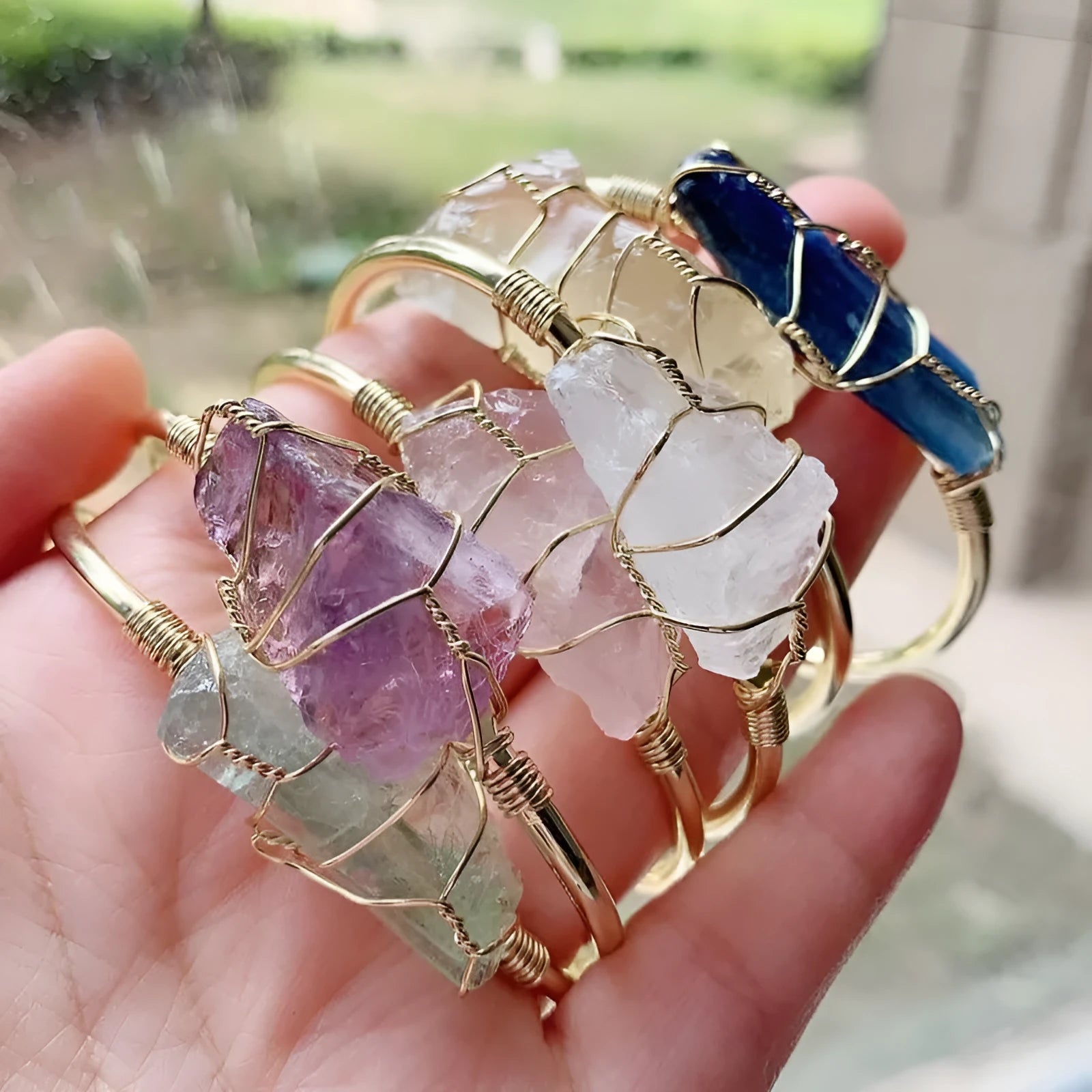 Natural crystal rough stone bracelet with gold winding wire and geometric design