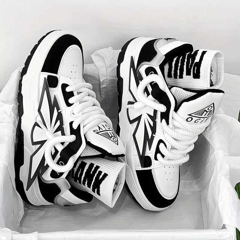 Men's white chunky platform sneakers with thick rubber sole and cartoon pattern on synthetic leather upper.