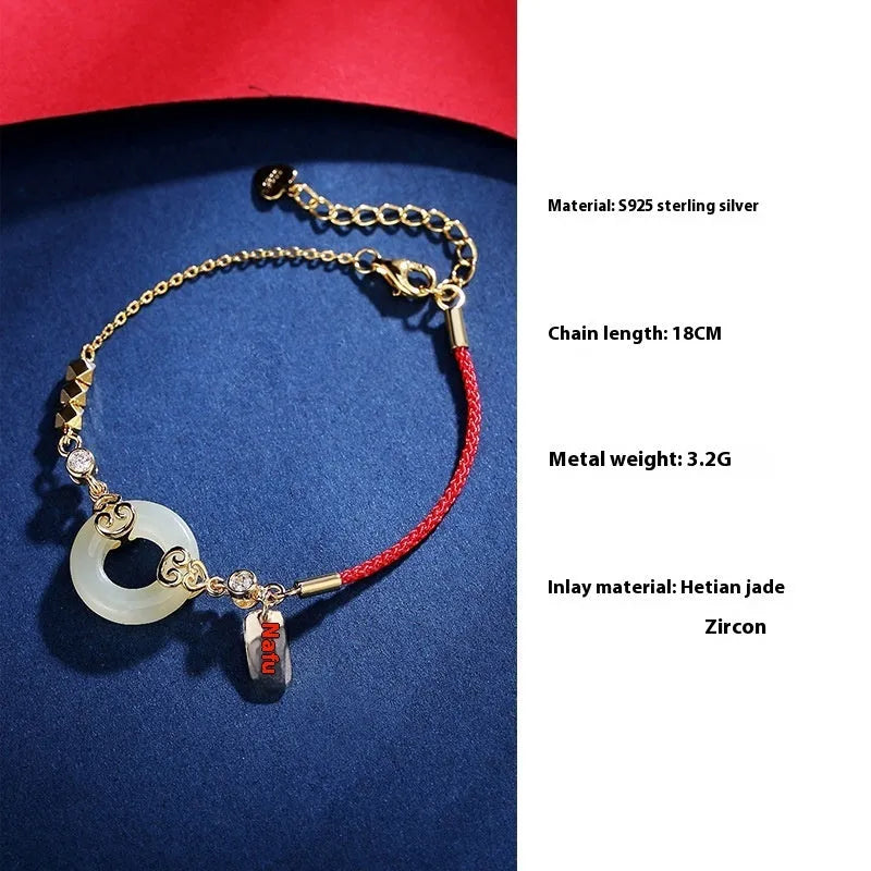 Hetian jade gourd bracelet in 925 sterling silver peace buckle Fu character women's Chinese style