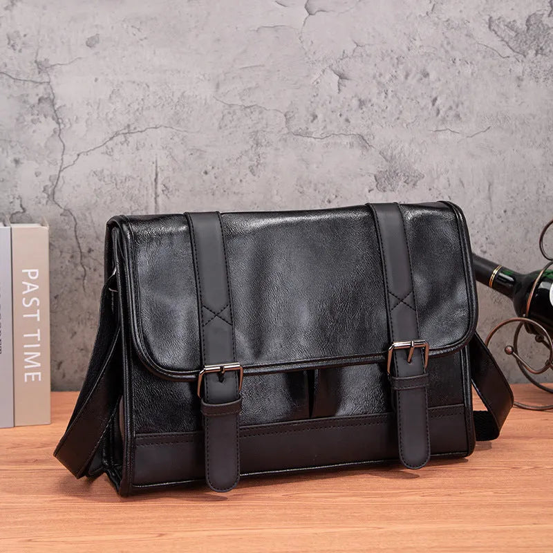Black Korean-style anti-theft men's backpack made of pu leather with external sewing thread design.