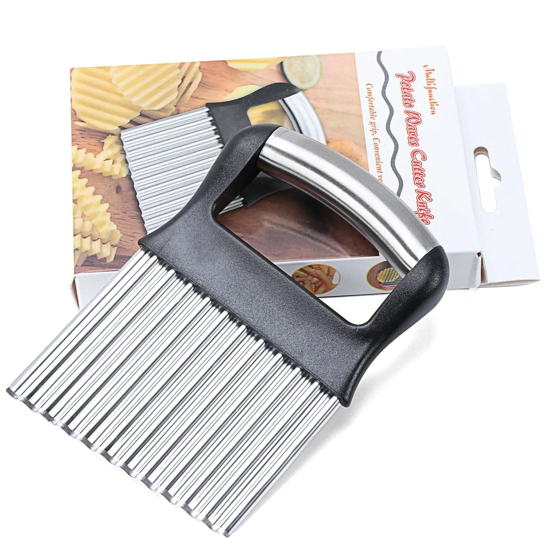 Stainless steel potato wave knife for cutting ripple crisps and chips, 14cm long by 9cm wide