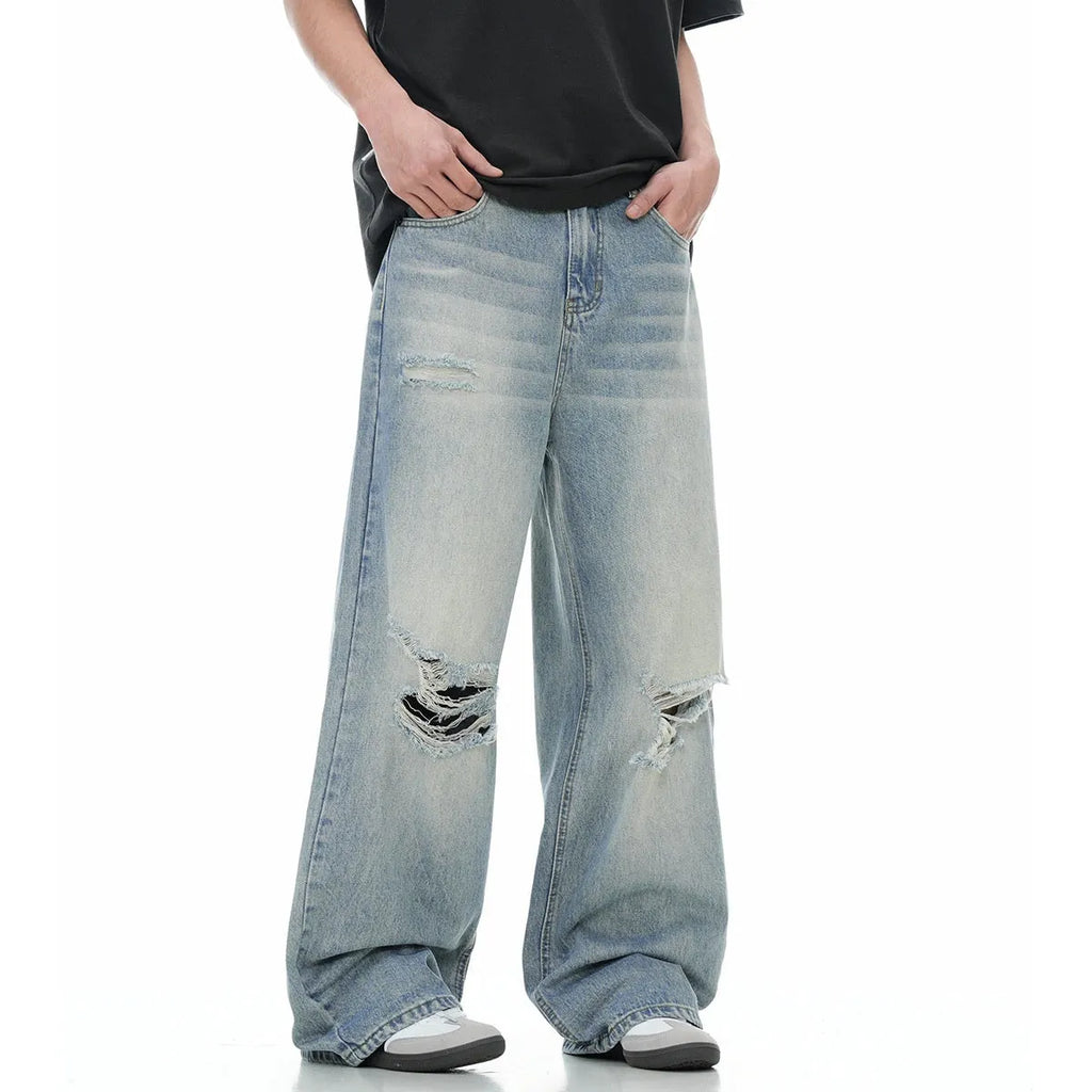 Men's blue straight-leg retro jeans with zipper fly in cotton blend fabric