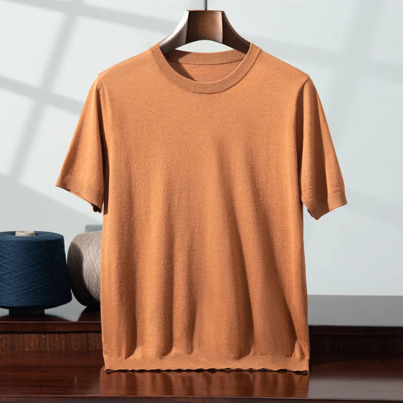 Men's knitted thin short sleeve round neck loose casual bottoming shirt in 8 colours, wool, sizes S-XXXL