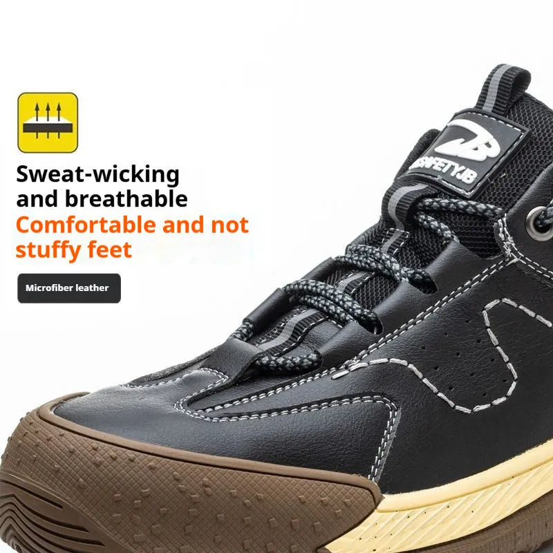 Flyknit work safety shoes in black leather with a rubber sole, shown in a UK size 42.