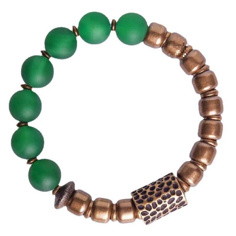 Retro ethnic style natural agate bracelet with green agate beads on cord, vintage finish, women's size 15 yards length