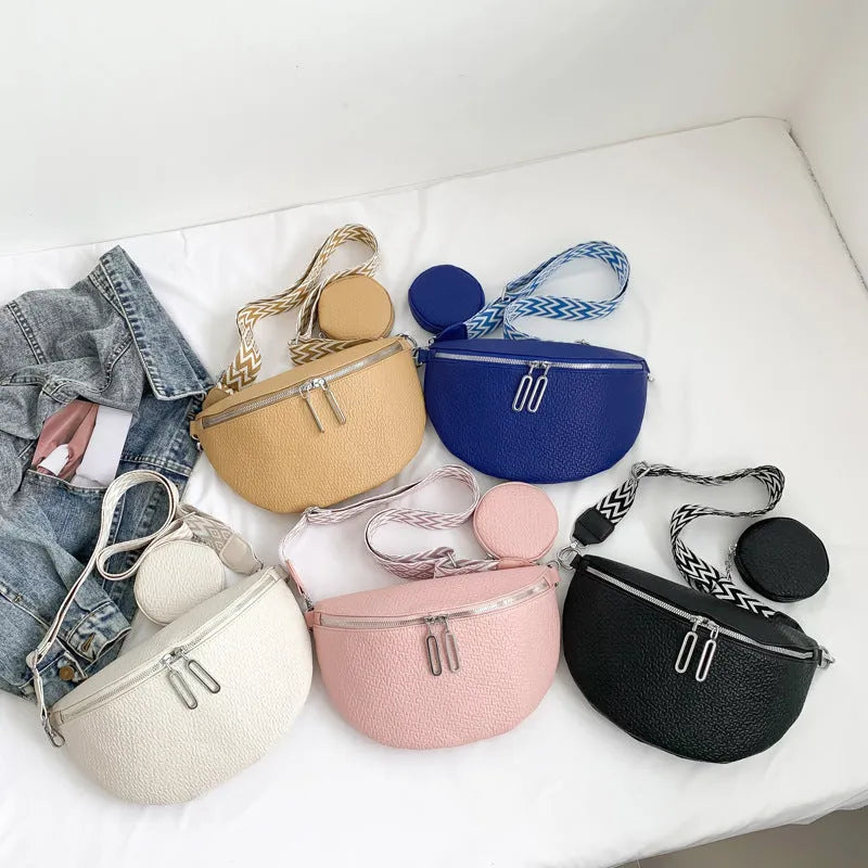 Solid colour PU crossbody bag with saddle lock zipper and sewing thread detail, beige colour, front view