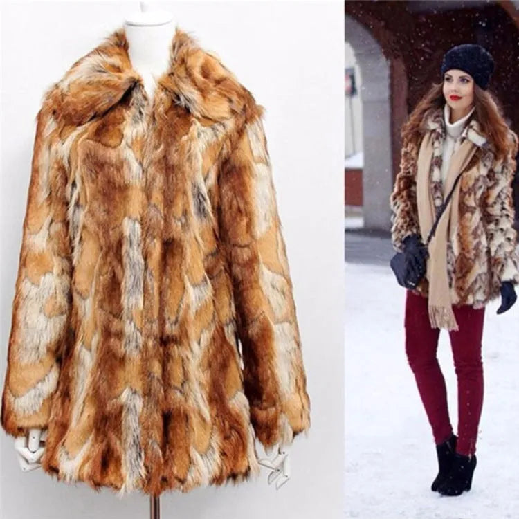 Women's tiger pattern faux fur leather jacket in a medium-length street fashion style.