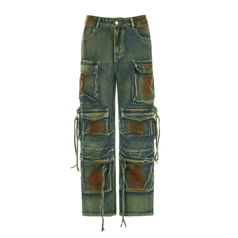 Retro colour multi-pocket loose cargo denim trousers showing gradient pockets and street hipster styling