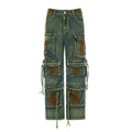 Retro colour multi-pocket loose cargo denim trousers showing gradient pockets and street hipster styling