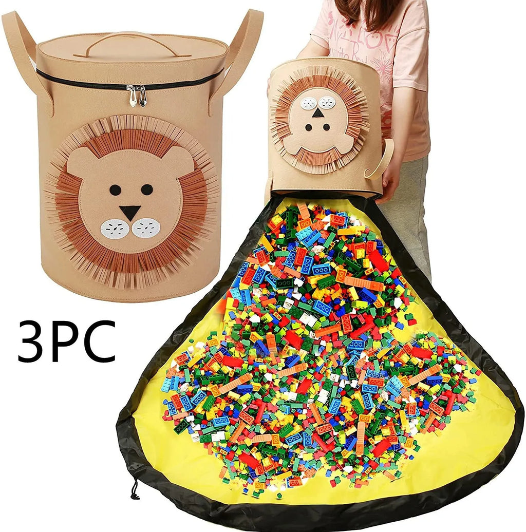 Green felt cube storage bag with pull rope, unfolded flat as a large rectangular play mat.