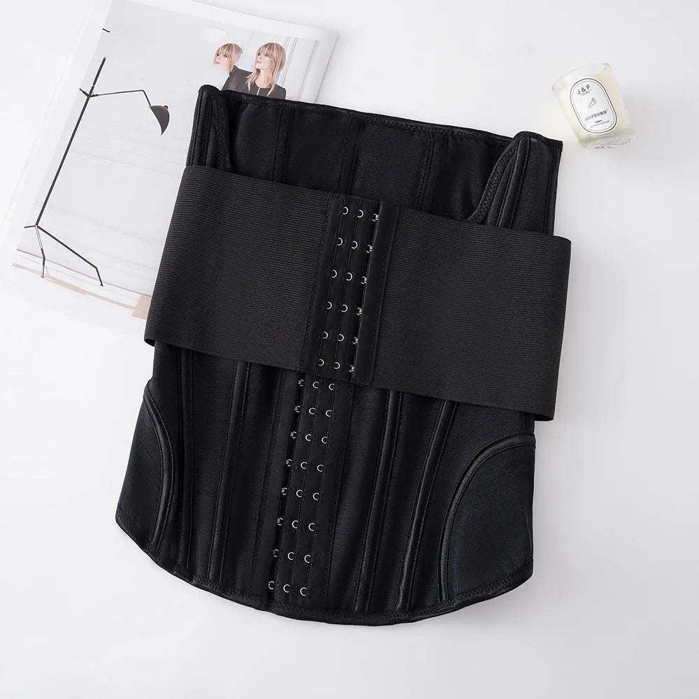 Nylon belly band waist trainer in black or apricot colour with belt tie closure