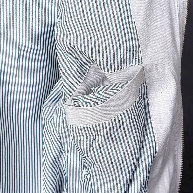 Men's thin cotton linen jacket in colour block pattern, shown in heather grey, grass green, and blue colour options.