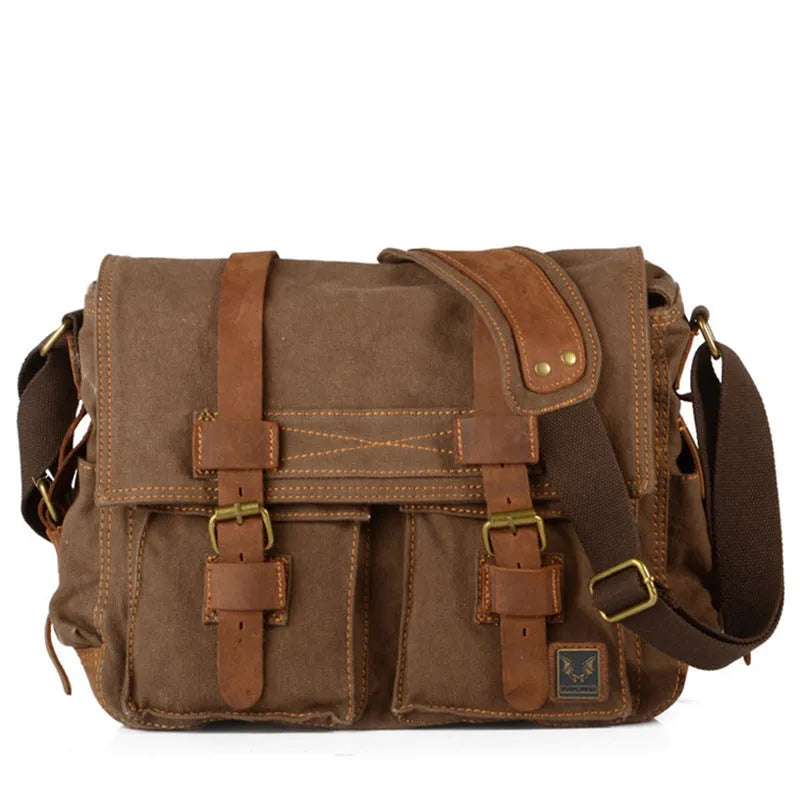 Men's canvas crossbody shoulder bag with cowhide accents in Army Green featuring a flap closure and single strap