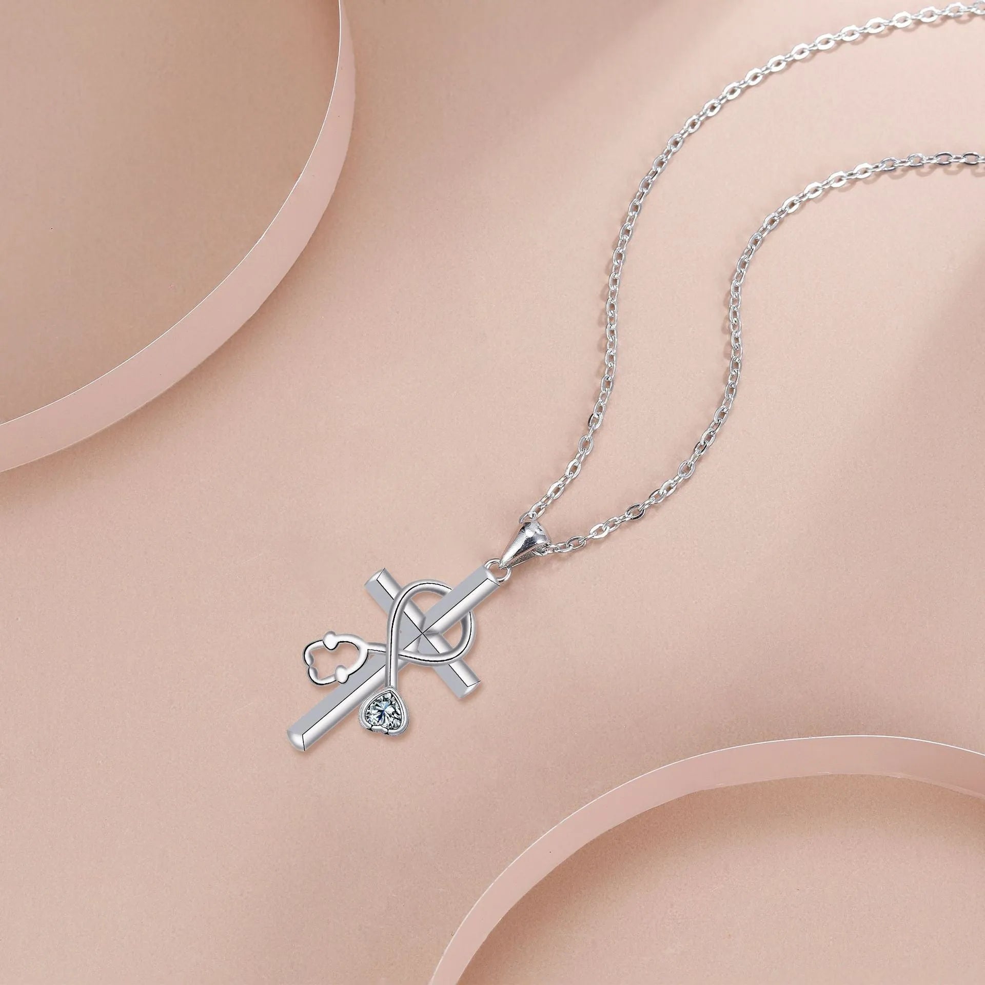 Cross stethoscope necklace with copper pendant and electroplated finish