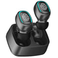 Plastic wireless Bluetooth headset in black, earplug style, with stereo sound and 10-metre range