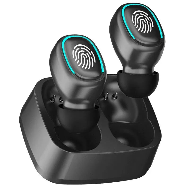 Plastic wireless Bluetooth headset in black, earplug style, with stereo sound and 10-metre range
