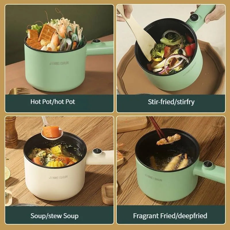 Mini hot pot electric cooker in green with stainless steel body, non-stick pot, and steam grid option for portable cooking